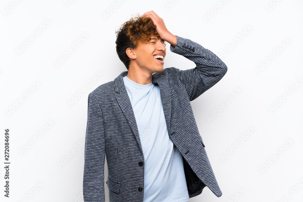 Fashion african american man over isolated white wall has realized something and intending the solution Fashion african american man over isolated white wall has realized something and intending the solution