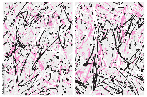 Set o 2 Abstract Geometric Vector Patterns. Irregular Handmade Black, White, Pink Splashes on a Light Gray Background. Simple Creative Repeatable Design.Expressive Painting Style Art.