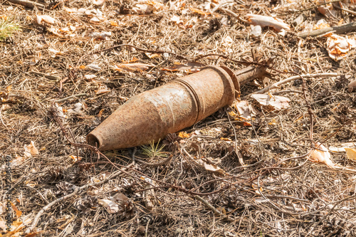 Valokuvatapetti unexploded rusty projectile in the forest