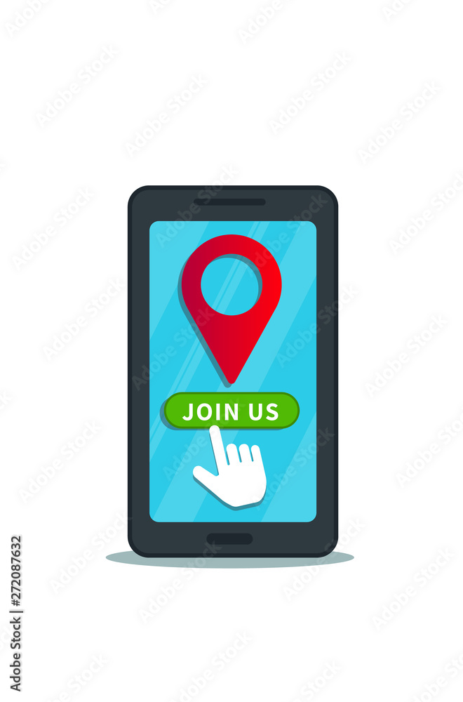 Flat smartphone with location pin icon on screen and hand cursor clicking on join us button isolated on white background. GPS navigation, destination point, traveling. Design element for banner Flat smartphone with location pin icon on screen and hand cursor clicking on join us button isolated on white background. GPS navigation, destination point, traveling. Design element for banner