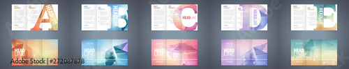 Vector modern tri-fold brochure design template set with colorful polygonal background and letter design element. Best corporate style layout 