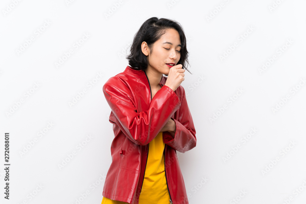 Asian young woman over isolated white background is suffering with cough and feeling bad Asian young woman over isolated white background is suffering with cough and feeling bad