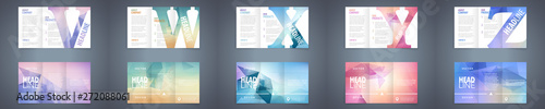 Vector modern tri-fold brochure design template set with colorful polygonal background and letter design element. Best corporate style layout 