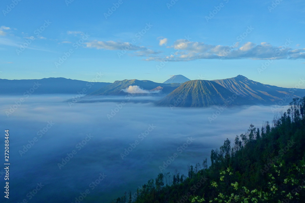 Mount Bromo volcano during sunrise, the magnificent view of Mt. Bromo located in Bromo Tengger Semeru National Park, East Java, Indonesia