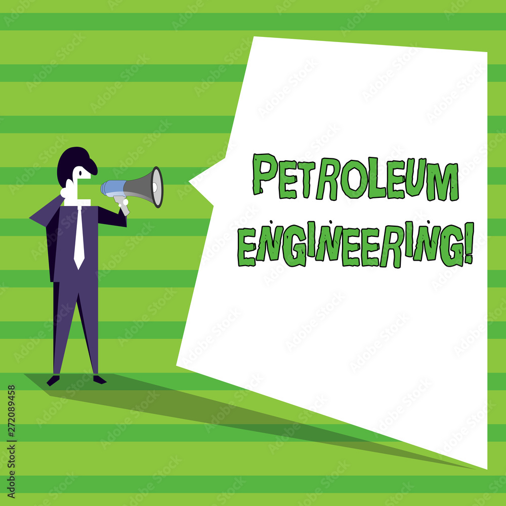 Word writing text Petroleum Engineering. Business photo showcasing Activities related to the production of hydrocarbons Businessman Shouting on Megaphone and Blank White Uneven Shape Speech Bubble Word writing text Petroleum Engineering. Business photo showcasing Activities related to the production of hydrocarbons Businessman Shouting on Megaphone and Blank White Uneven Shape Speech Bubble