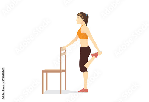 Woman doing Kneeling Quad Stretch with a chair. Illustration about simple Stretching leg muscle.