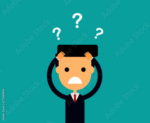 businessman thinking. question mark. funny cartoon character isolated on blue background. vector illustration.