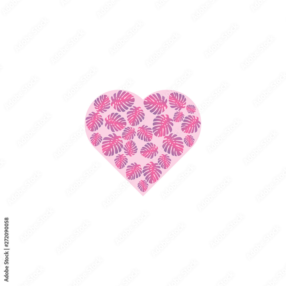 Leaves of a tropical monstera plant in the shape of a heart on a pink background. Suitable for postcards, backgrounds, highlights. For lovers and weddings. Flat vector illustration.