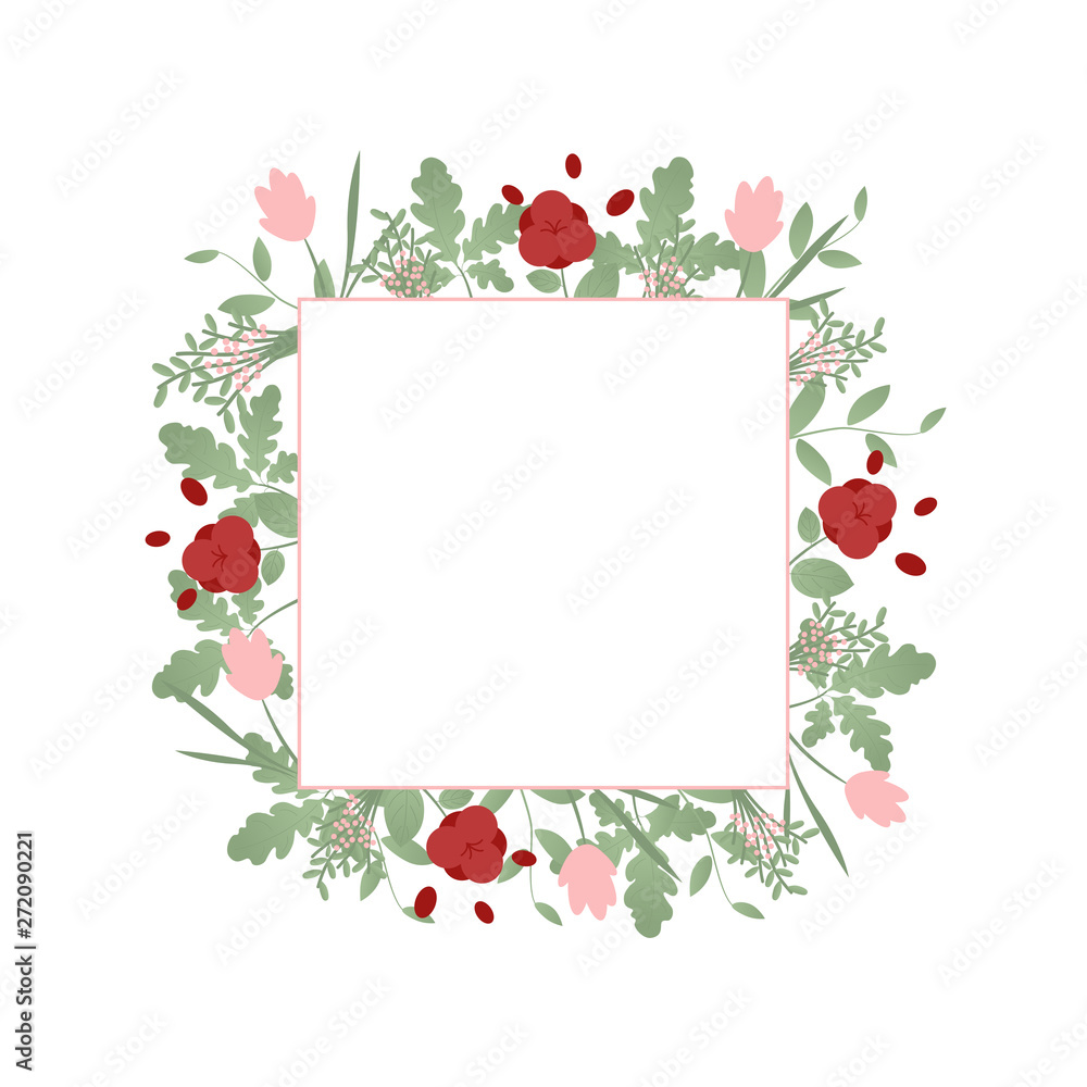 Different leaves, plants and flowers around the square frame. Vector flat plants. Suitable for cards, invitations, wedding decorations.