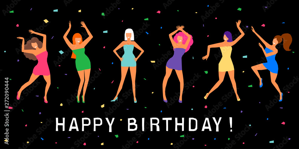 Happy birthday greeting card. Happy dansing bright colored adult woman for design birthday card, modern pop party invitation, fashion shop sale advertising, bag print, holiday wallpaper, t shirt etc. Stock Vector | Happy birthday greeting card. Happy dansing bright colored adult woman for design birthday card, modern pop party invitation, fashion shop sale advertising, bag print, holiday wallpaper, t shirt etc. Stock Vector |