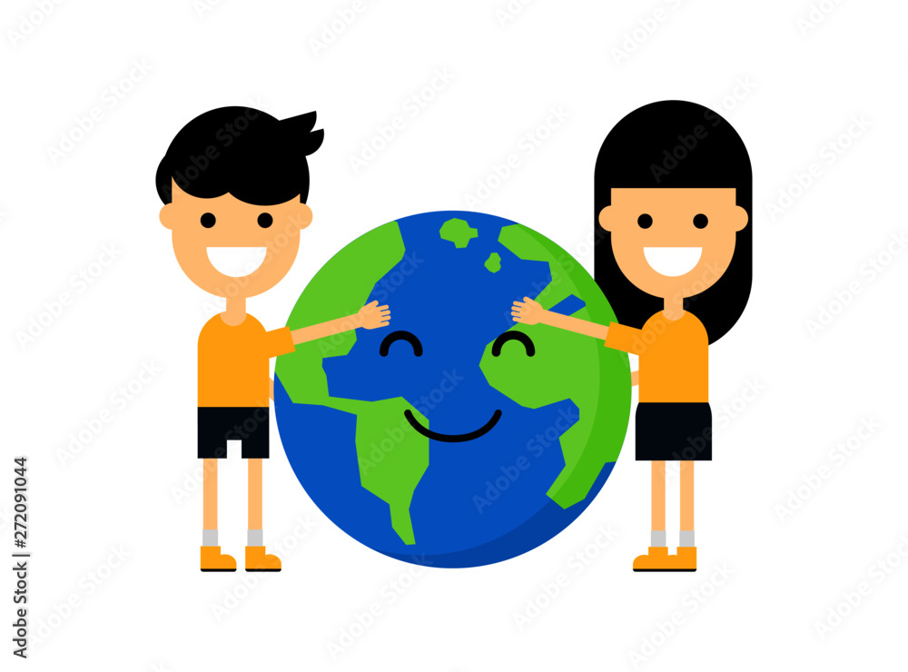 Set of happy kids hugging globe. Little boy and girl holding the Earth. ecology concept. save planet. funny cartoon character isolated on white background. vector illustration. Set of happy kids hugging globe. Little boy and girl holding the Earth. ecology concept. save planet. funny cartoon character isolated on white background. vector illustration.
