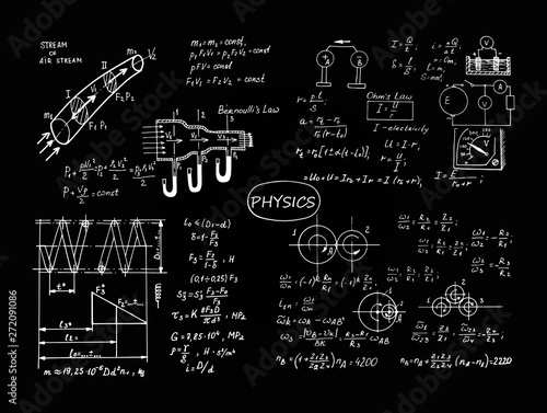 Physical equations and formulas on chalkboard. Vector hand-drawn illustration. Education and scientific set.