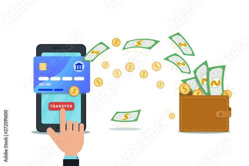 Fast online money transfer design with flat smartphone and hand finger click send button. Mobile wallet. Concept of financial operations, bank transactions, investments, cash flow. Payment service