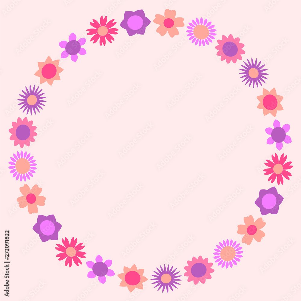 Modern circular floral frame with colorful beautiful flowers