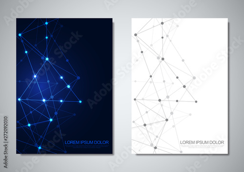 Brochure template or cover design. Digital technology with plexus background and space for your text. Geometric abstract background of connecting dots and lines.