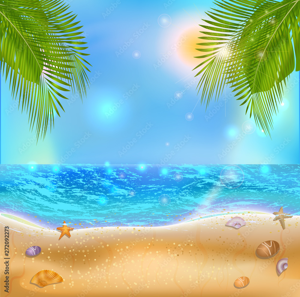 Seaside Landscape. Summertime on the sunny tropical beach with palm leaves and sea shell. Summer vacation on exotic resort. Design template for sale banner, poster, flyer, card or traveling
