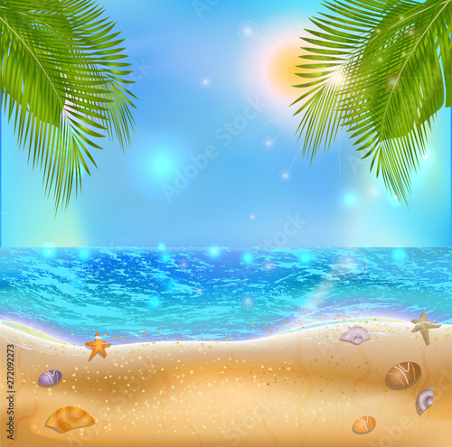 Seaside Landscape. Summertime on the sunny tropical beach with palm leaves and sea shell. Summer vacation on exotic resort. Design template for sale banner  poster  flyer  card or traveling