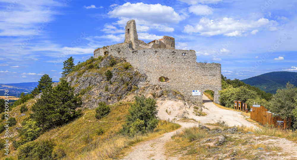 Cachticky hrad (Cachtice castle), Slovakia. Hungarian: Csejte vára. Castle ruin which stands on a hill next to the village of Čachtice, built in the mid-13th century. Castle wreck in Trencin region.