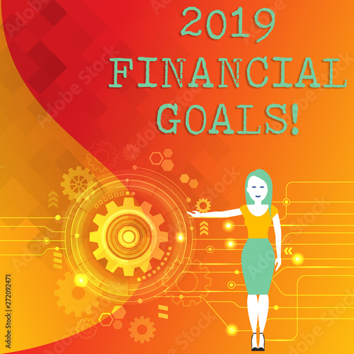 Word writing text 2019 Financial Goals. Business photo showcasing New business strategy earn more profits less investment Woman Standing and Presenting the SEO Process with Cog Wheel Gear inside