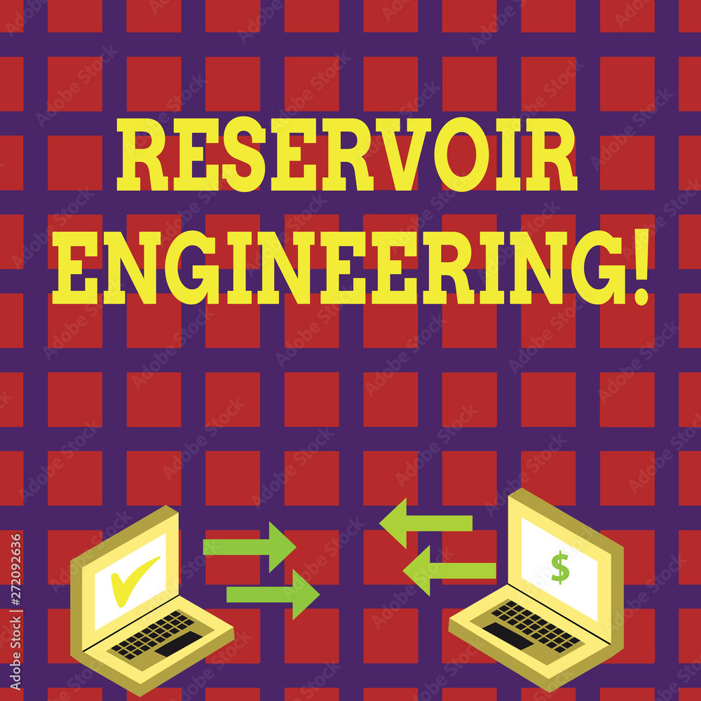 Word writing text Reservoir Engineering. Business photo showcasing evelopment and production of oil and gas reservoirs Exchange Arrow Icons Between Two Laptop with Currency Sign and Check Icons Word writing text Reservoir Engineering. Business photo showcasing evelopment and production of oil and gas reservoirs Exchange Arrow Icons Between Two Laptop with Currency Sign and Check Icons