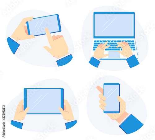 Holding devices in hand. Smartphone in hands, hold laptop computer and mobile tablet vector illustration set
