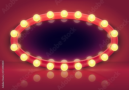 Makeup mirror. Lights mirrors frame, lighting bulbs and backstage dressing room interior vector illustration