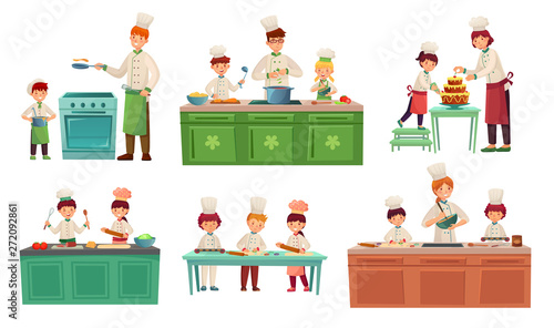 Cooks childrens. Kids baking or cooking food, chief children classes and cook with child vector illustration set