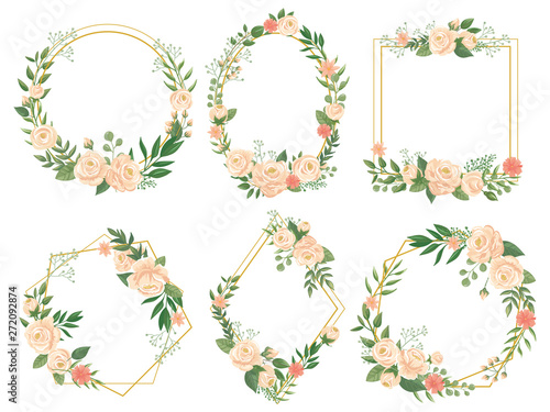 Flowers frame. Flower border frames, round bloom and decorative wedding floral square card vector illustration set
