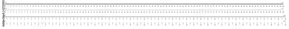 Ruler scale. Measurable scales, 100 centimeters and 40 inches rulers vector illustration