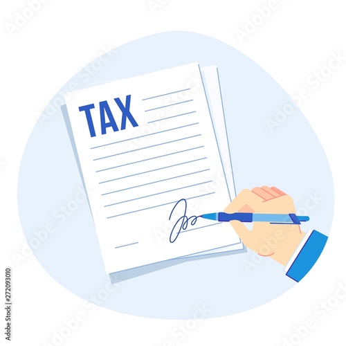 Tax form signing. Corporate taxes report, businesses finance accounting and taxation vector illustration