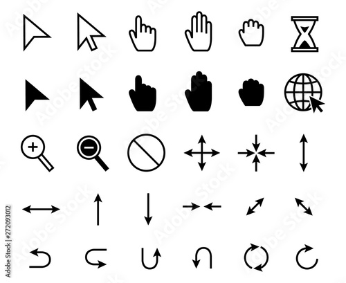 Cursor icons. Web pointer clicking, scale arrow and magnifier icon. Grab hand, pointing arrows and hourglass loading vector set