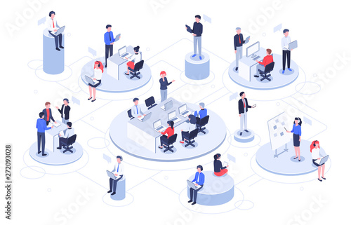 Isometric virtual office. Business people working together, technology companies workspace and teamwork platforms vector illustration