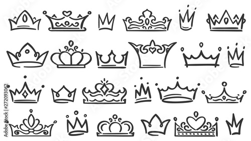 Hand drawn crown. Luxury crowns sketch, queen or king coronation doodle and majestic princess tiara isolated vector illustration set