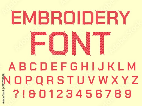 Sewing embroidery alphabet. Fabric embroidered letters, vintage textile font and fabrics sew thread letter vector symbols set