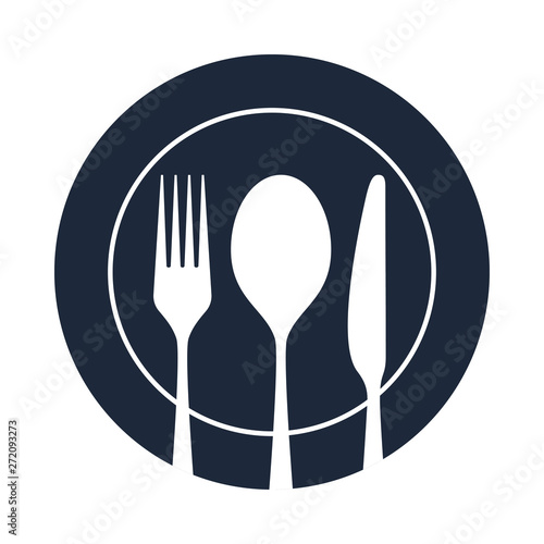 Cutlery icon. Spoon, fork and knife on the plate. Isolated image on white background. Restaurant menu symbol. Vector illustration