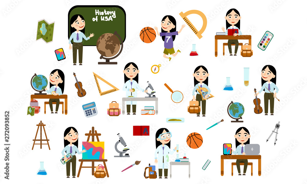 Fototapeta premium Girl with long black hair at school. Student in school uniform in different lessons: science, history, sports, art, maths, English, information technology, music. Conducting experiments. Cute Vector 