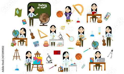 Girl with long black hair at school. Student in school uniform in different lessons: science, history, sports, art, maths, English, information technology, music. Conducting experiments. Cute Vector 