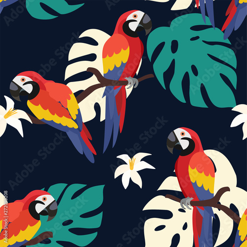 Trendy pattern with parrots and tropical leaves. Vector seamless texture. 