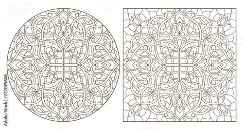 Set of contour illustrations with abstract floral patterns, round and square image, dark contours on white background