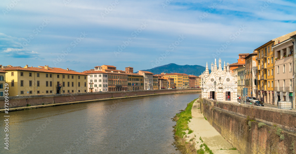 Pisa, Tuscany / Italy - April 18th, 2019: Santa Maria della Spina Church on the banks of the Arno River.