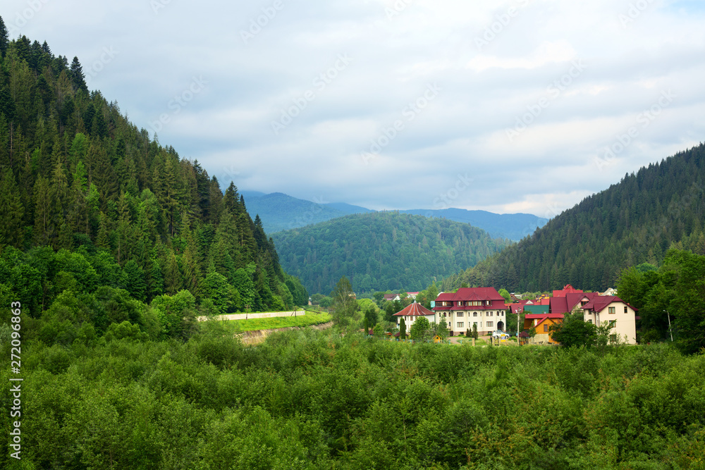 Village in valley of Carpathian Mountains, Ukraine