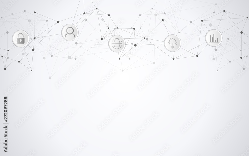 Obraz premium Technical abstract background with connecting dots and lines. Digital technology and communication concept with flat icons.