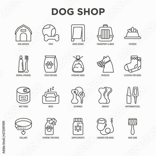 Dog shop thin line icons set: bags for transportation, feeders, toys, doors, dental hygiene, muzzle, snacks, hygienic bags, dry food, wet food, collar, haircare, supplements. Vector illustration.