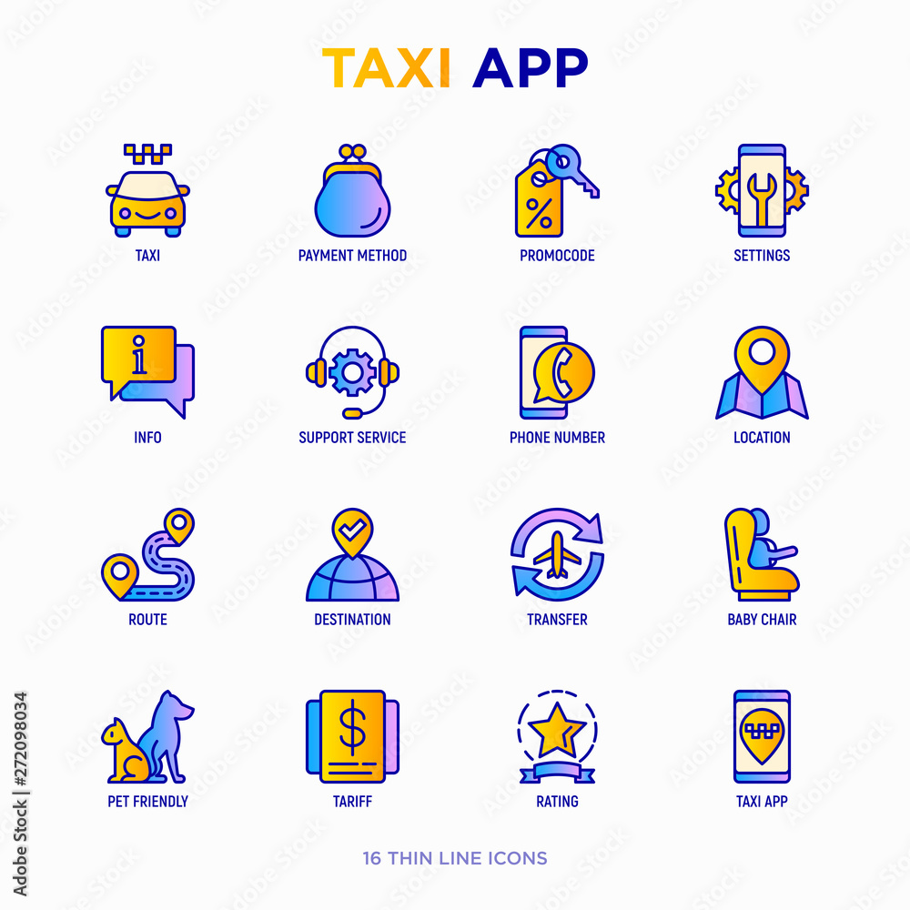 Fototapeta premium Taxi app thin line icons set: payment method, promocode, app settings, info, support service, phone number, location, pointer, route, destination, airport transfer, baby seat. Vector illustration.
