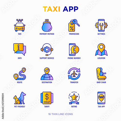 Taxi app thin line icons set: payment method, promocode, app settings, info, support service, phone number, location, pointer, route, destination, airport transfer, baby seat. Vector illustration.