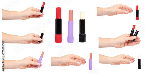 Принти на полотні Hand with lip balm, protective cosmetics, set and collection.