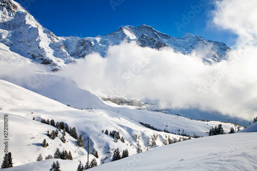 View from walk between Kleine Scheidegg and Wengen in Alps, Switzerland