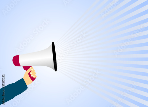 hand holding megaphone or bullhorn against light blue background vector illustration
