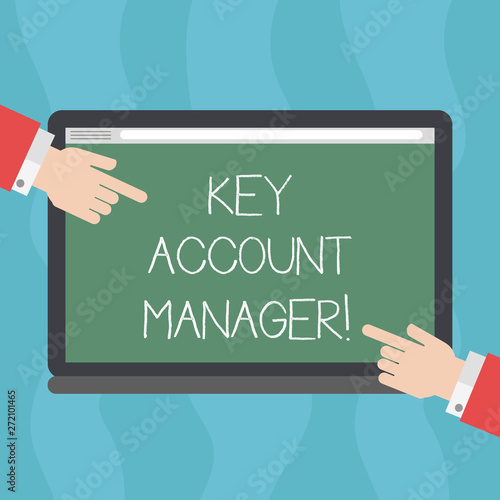 Conceptual hand writing showing Key Account Manager. Business photo text full relationship between your business and customers Hu analysis Hands Pointing on a Blank Color Tablet Screen