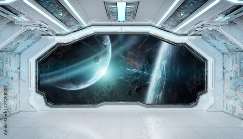 Fototapeta Naklejka Na Ścianę i Meble -  White blue spaceship futuristic interior with window view on space and planets 3d rendering